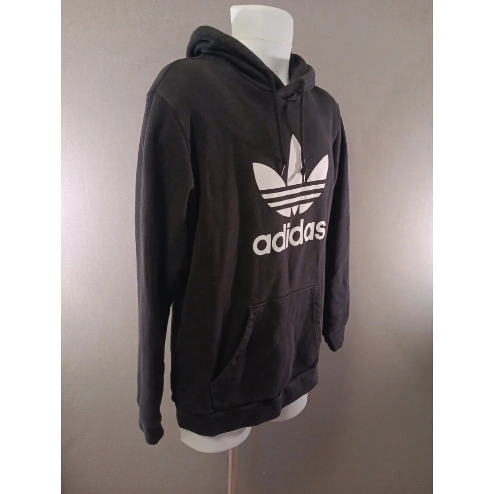 Adidas Cotton Hoodie Size M Men Black Spellout 3 Stripes Trefoil Pullover Y2K